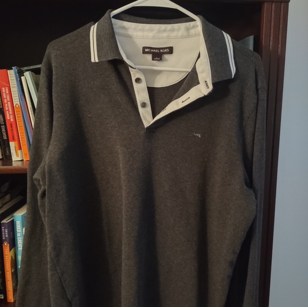 Michael Kors men's large gray and white long sleeve polo shirt.  Pre owned